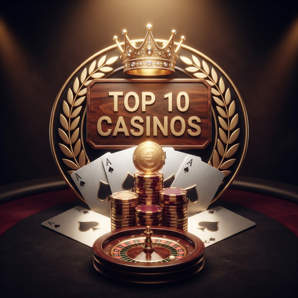 Top 10 Casinos emblem with a golden crown, roulette wheel and playing cards